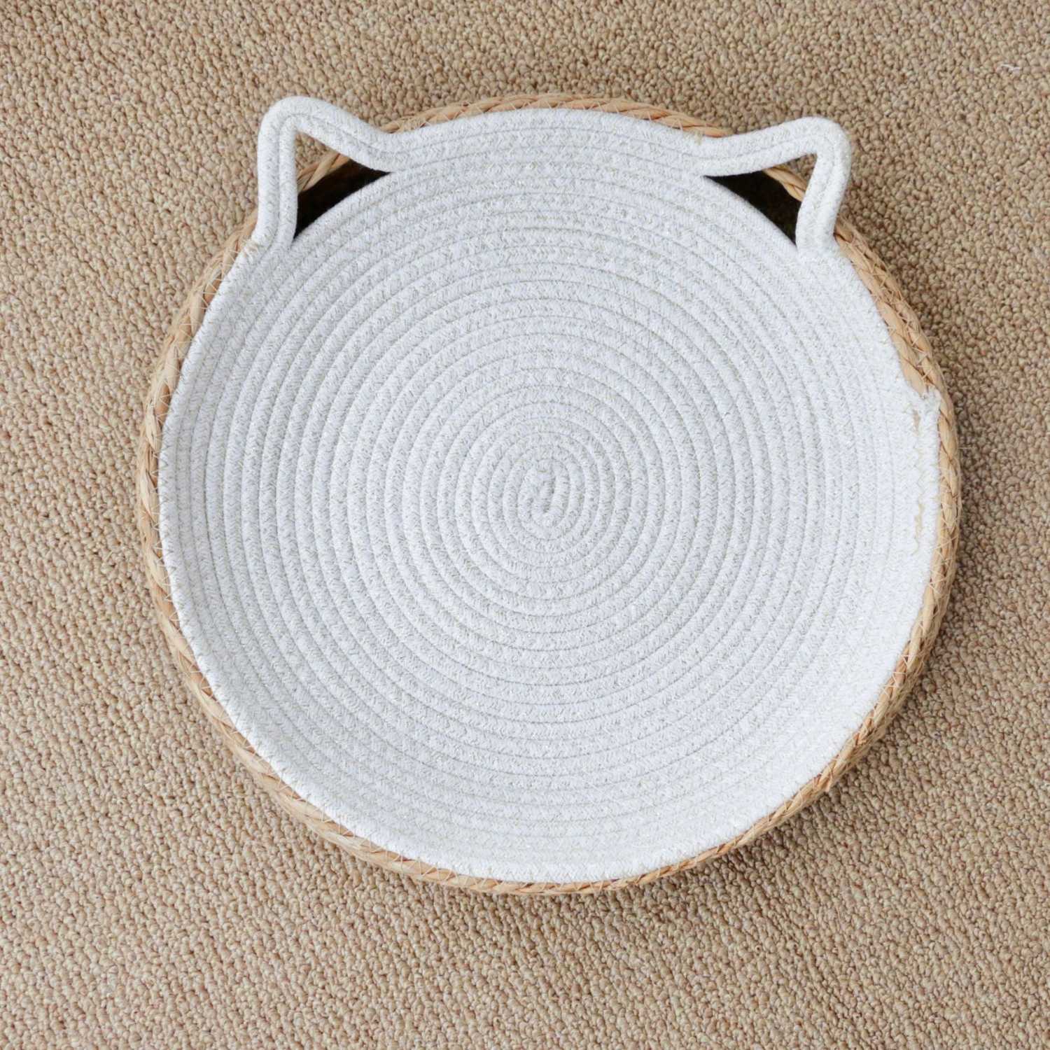 kattenbed groot rattan ronde mand met katvorm oren wit